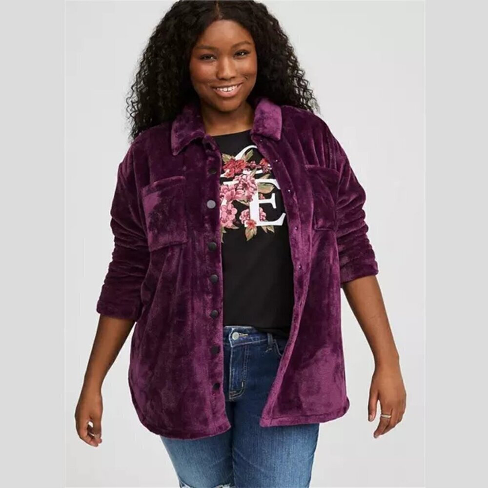 Torrid - Cozy Fur Snap Front Shacket in Winter Bloom Plum Purple​​​​​​